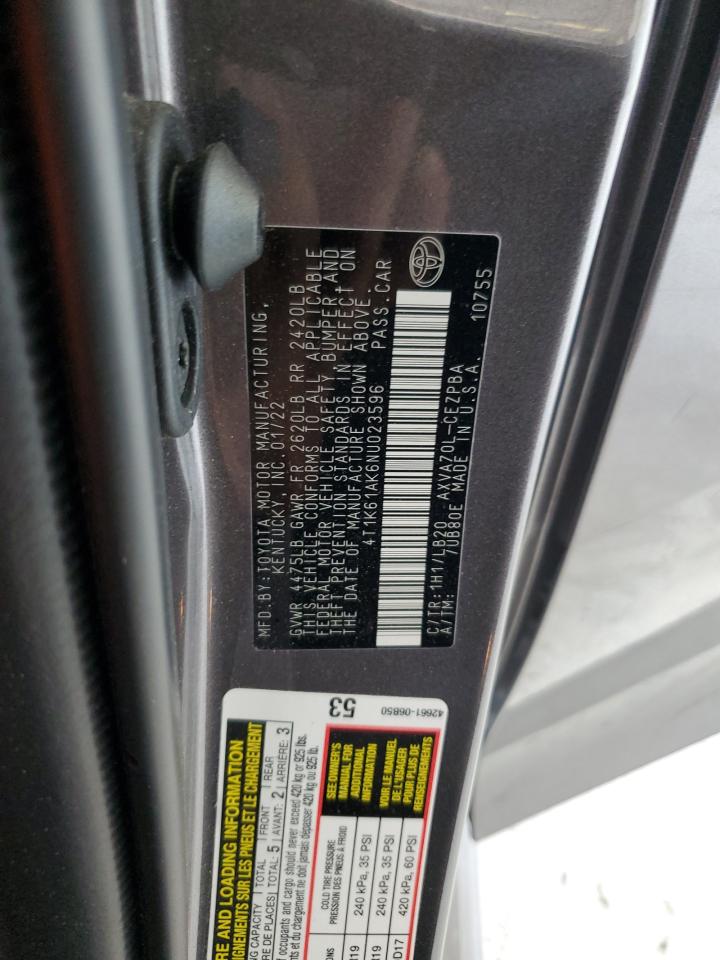 2022 TOYOTA CAMRY XSE VIN:4T1K61AK6NU023596