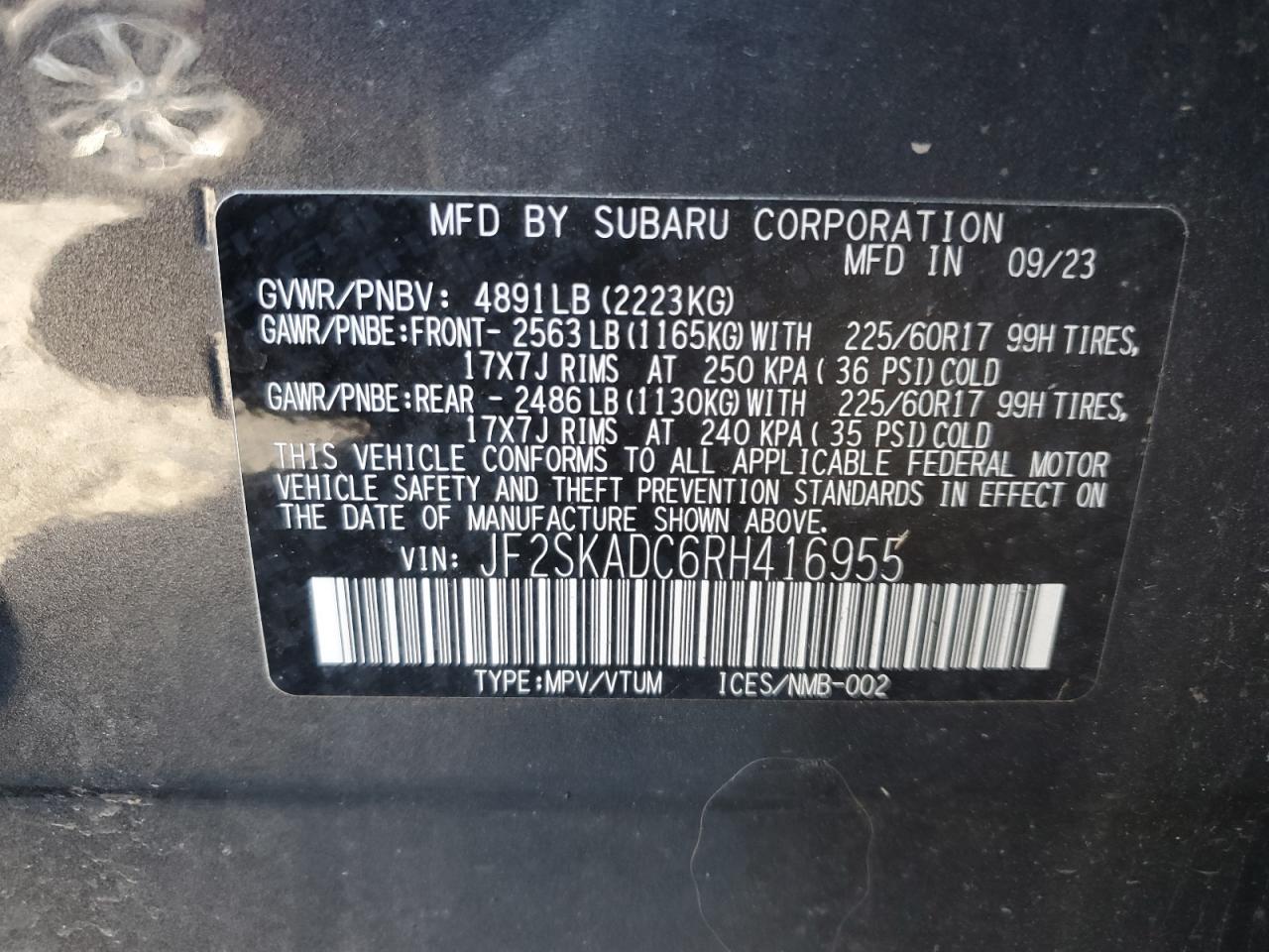 2024 SUBARU FORESTER PREMIUM VIN:JF2SKADC6RH416955