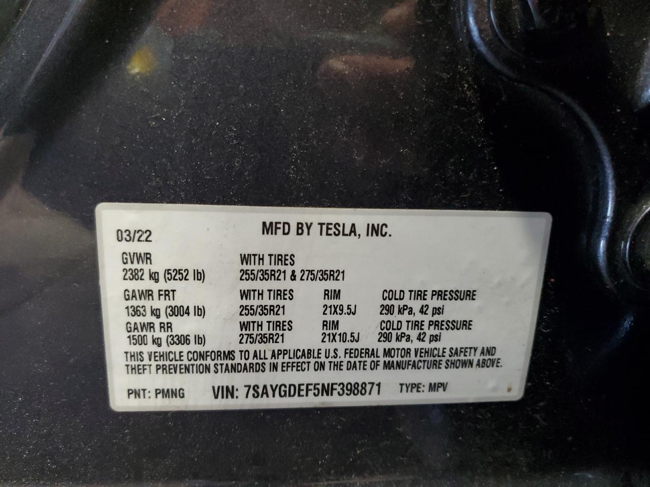 2022 TESLA MODEL Y VIN:7SAYGDEF5NF398871