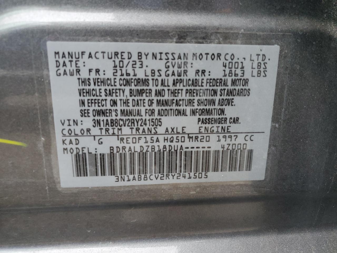 2024 NISSAN SENTRA SV VIN:3N1AB8CV2RY241505