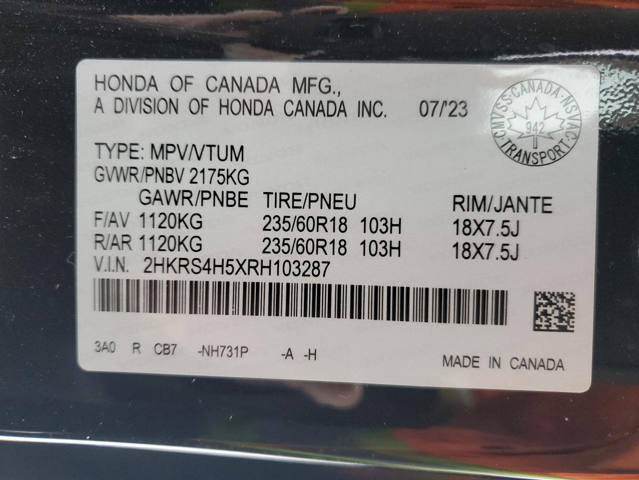 2024 HONDA CR-V SPORT VIN:JM3KFBCL0R0484670