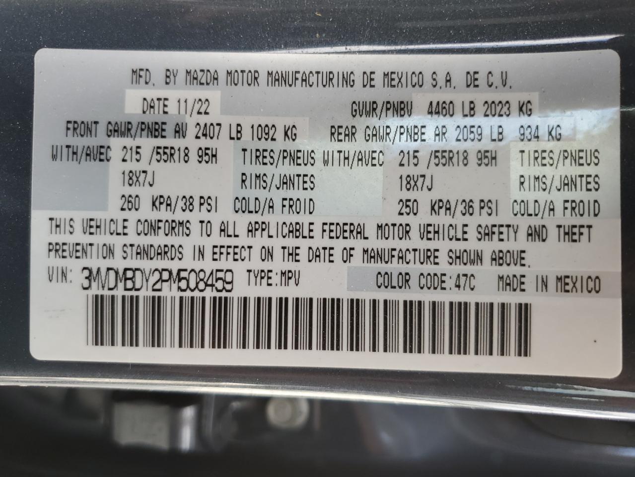 2023 MAZDA CX-30 PREMIUM VIN:3MVDMBDY2PM508459