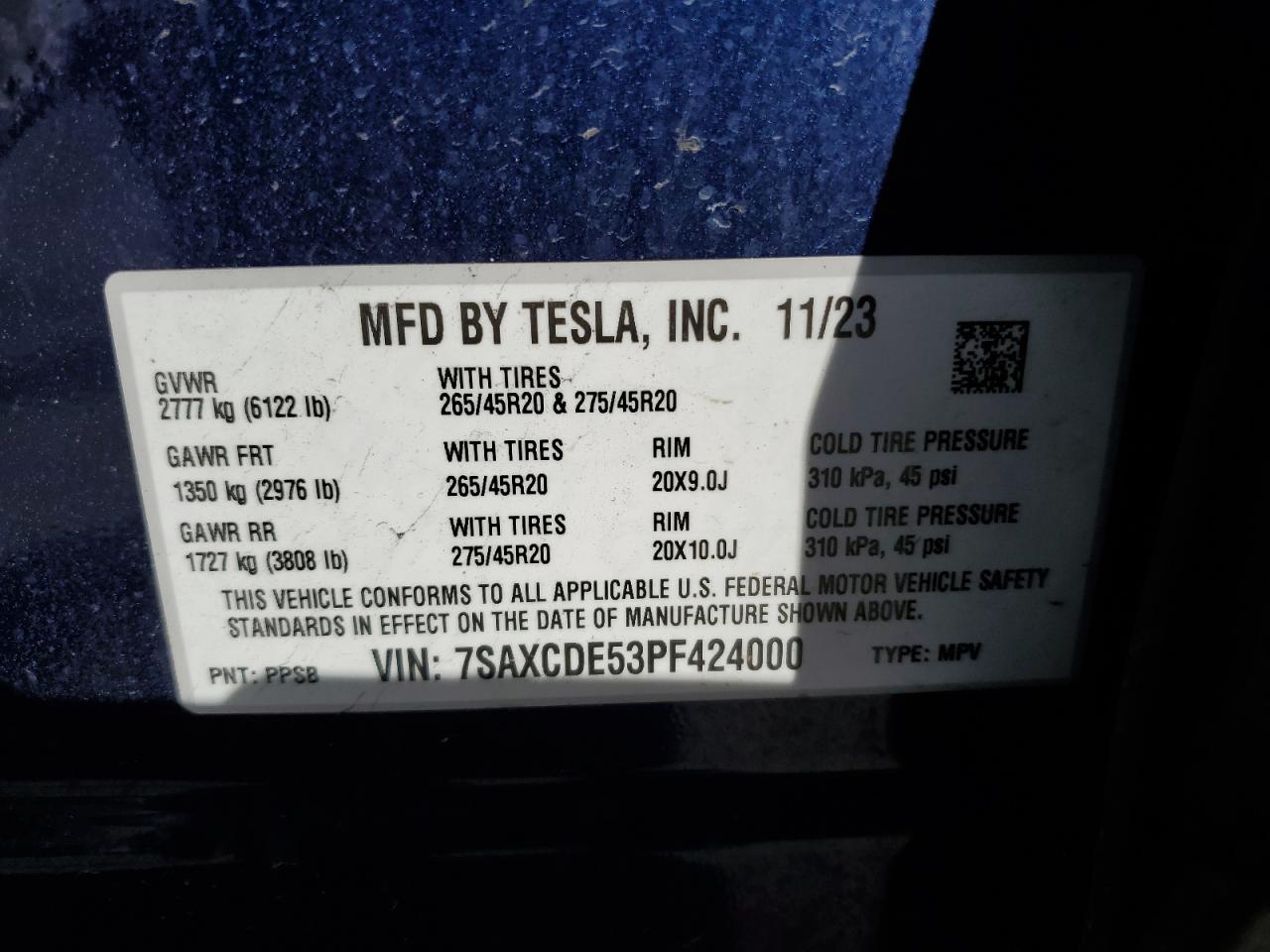 2023 TESLA MODEL X VIN:7SAXCDE53PF424000