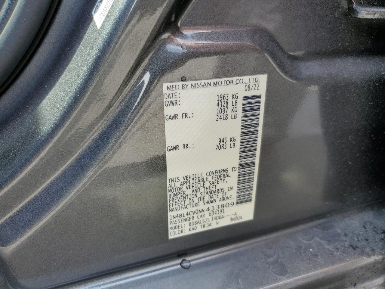 2022 NISSAN ALTIMA SR VIN:1N4BL4CV0NN413809