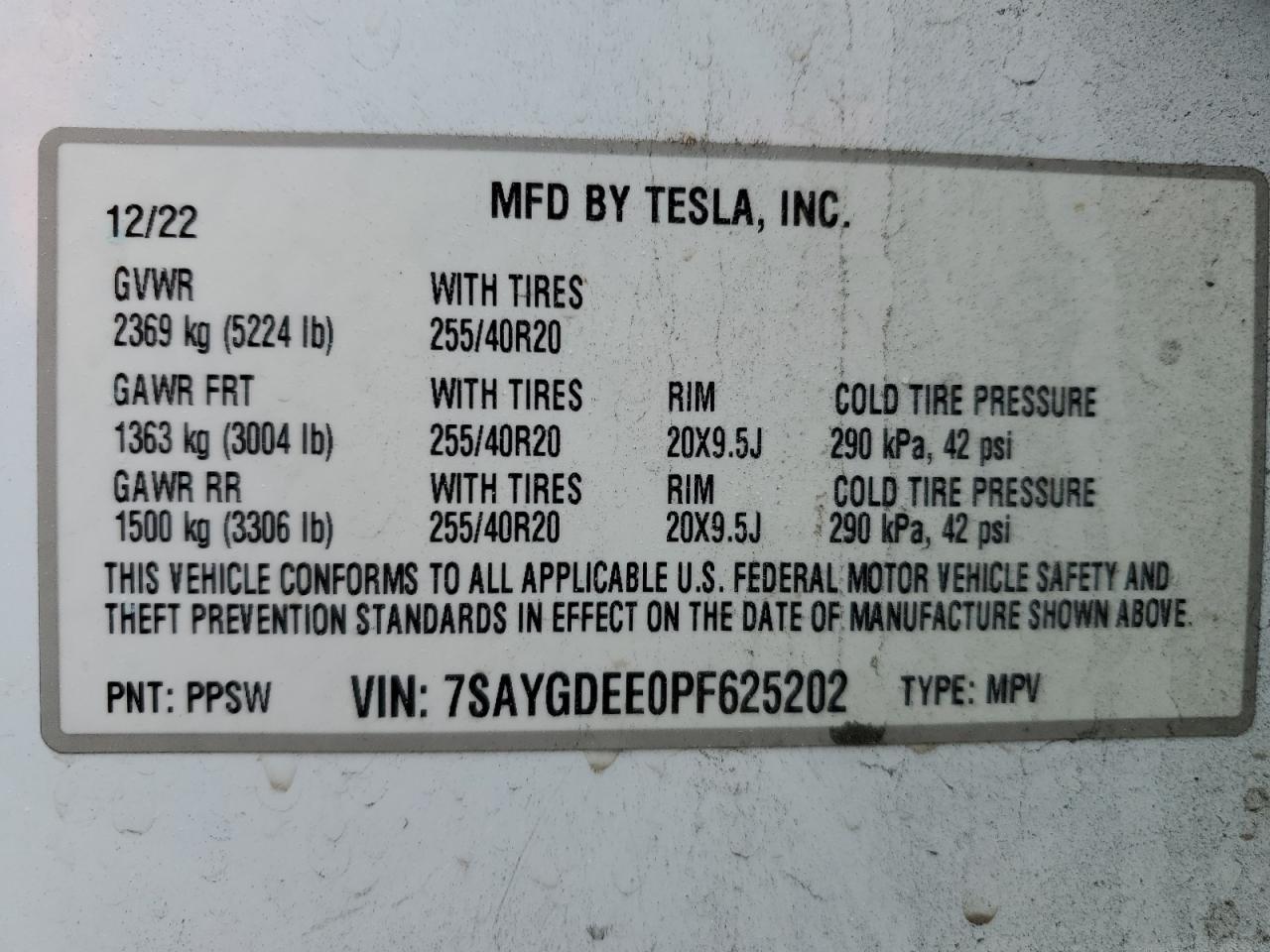 2023 TESLA MODEL Y VIN:7SAYGDEE0PF625202
