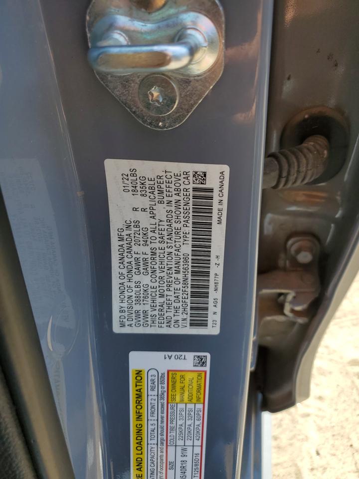 2022 HONDA CIVIC SPORT VIN:2HGFE2F58NH563960