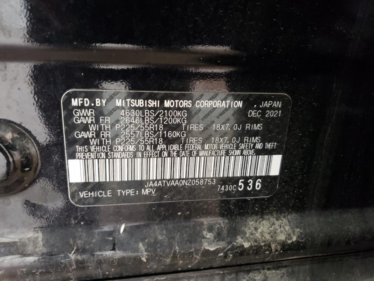 2022 MITSUBISHI ECLIPSE CROSS LE VIN:JA4ATVAA0NZ058753