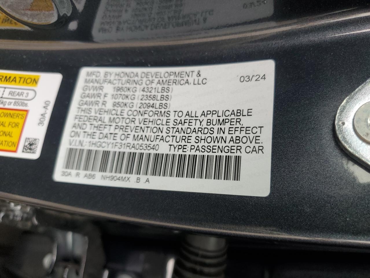 2024 HONDA ACCORD EX VIN:1HGCY1F31RA053540
