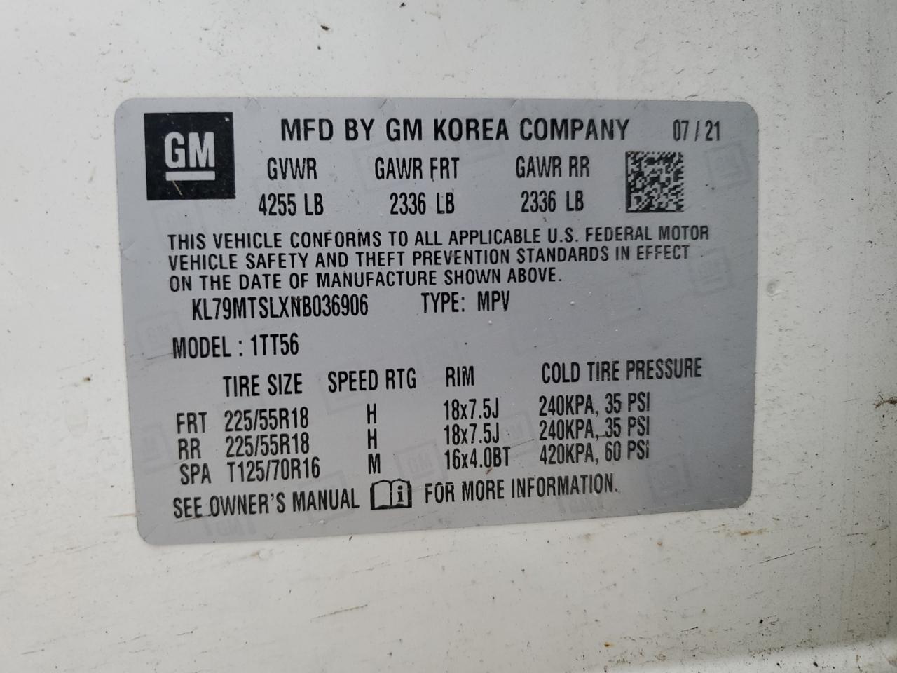 2022 CHEVROLET TRAILBLAZER RS VIN:KL79MTSLXNB036906