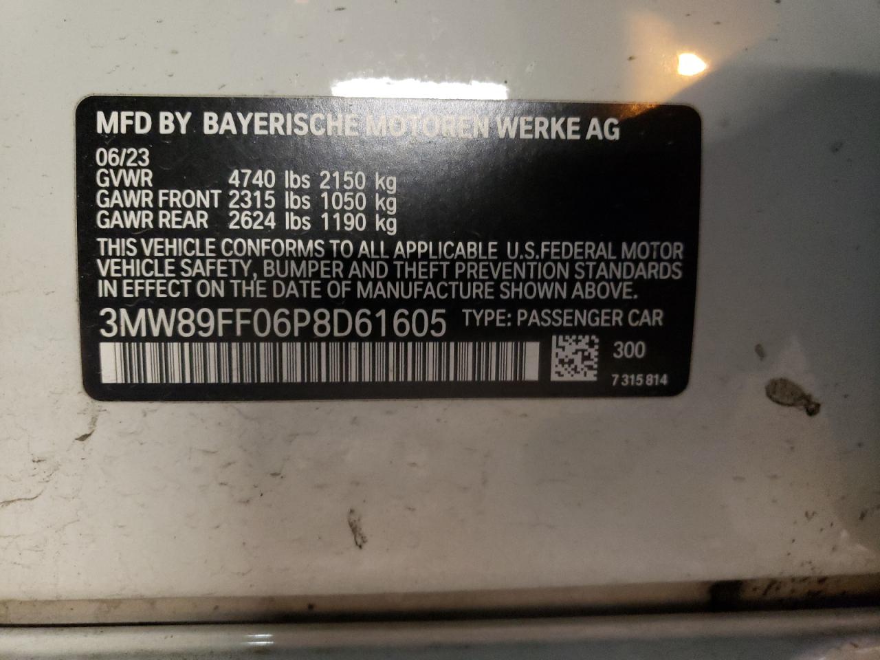 2023 BMW 330XI VIN:3MW89FF06P8D61605