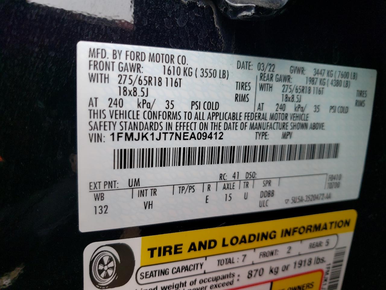 2022 FORD EXPEDITION MAX XLT VIN:1FMJK1JT7NEA09412