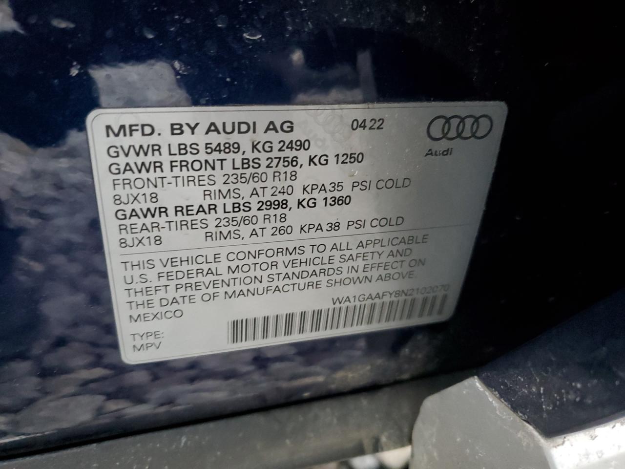 2022 AUDI Q5 PREMIUM 45 VIN:WA1GAAFY8N2102070