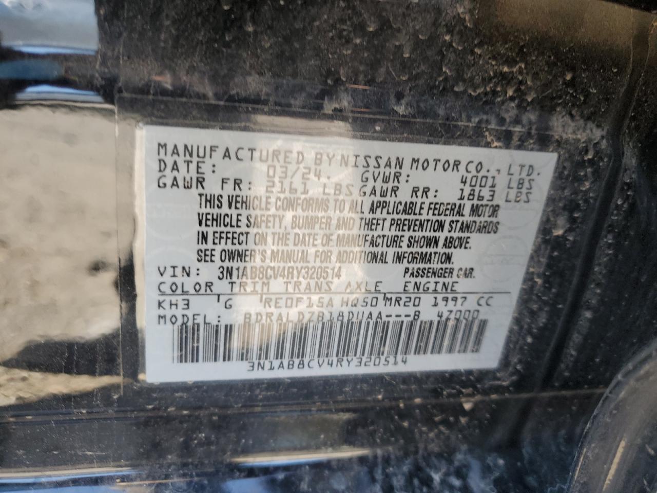 2024 NISSAN SENTRA SV VIN:3N1AB8CV4RY320514