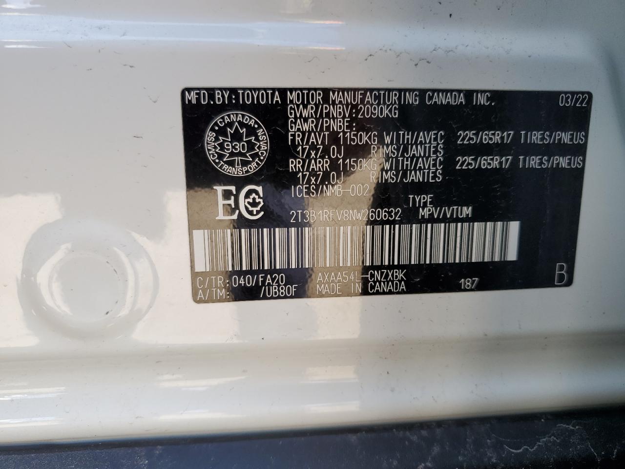 2022 TOYOTA RAV4 LE VIN:2T3B1RFV8NW260632