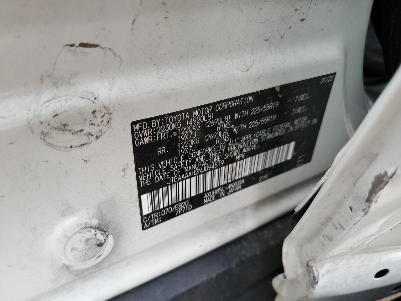 2022 TOYOTA VENZA LE VIN:JTEAAAAH2NJ094519