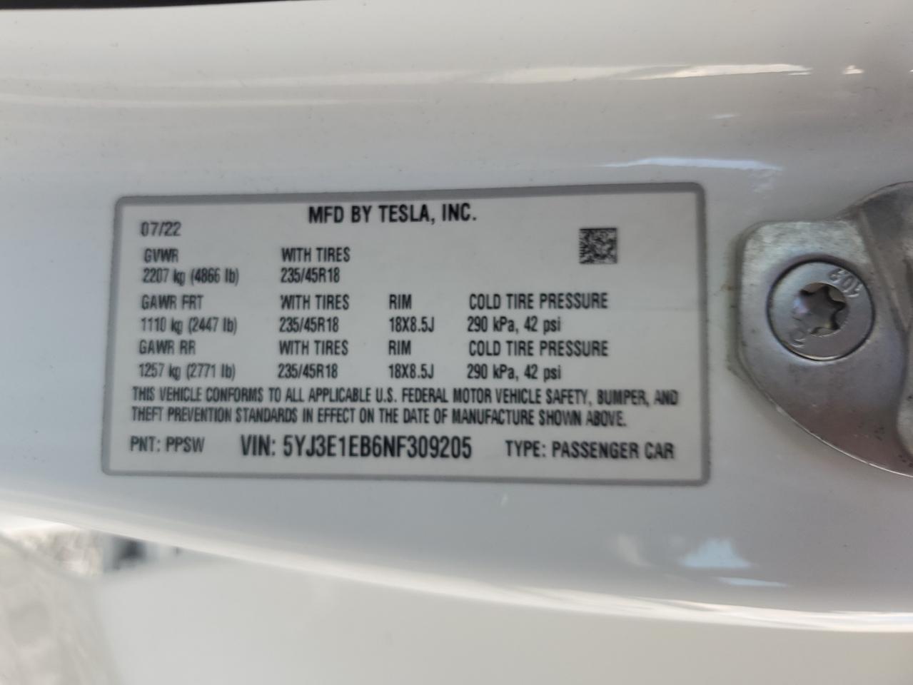 2022 TESLA MODEL 3 VIN:5YJ3E1EB6NF309205