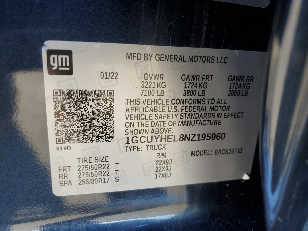 2022 CHEVROLET SILVERADO LTD K1500 HIGH COUNTRY VIN:1GCUYHEL8NZ195960