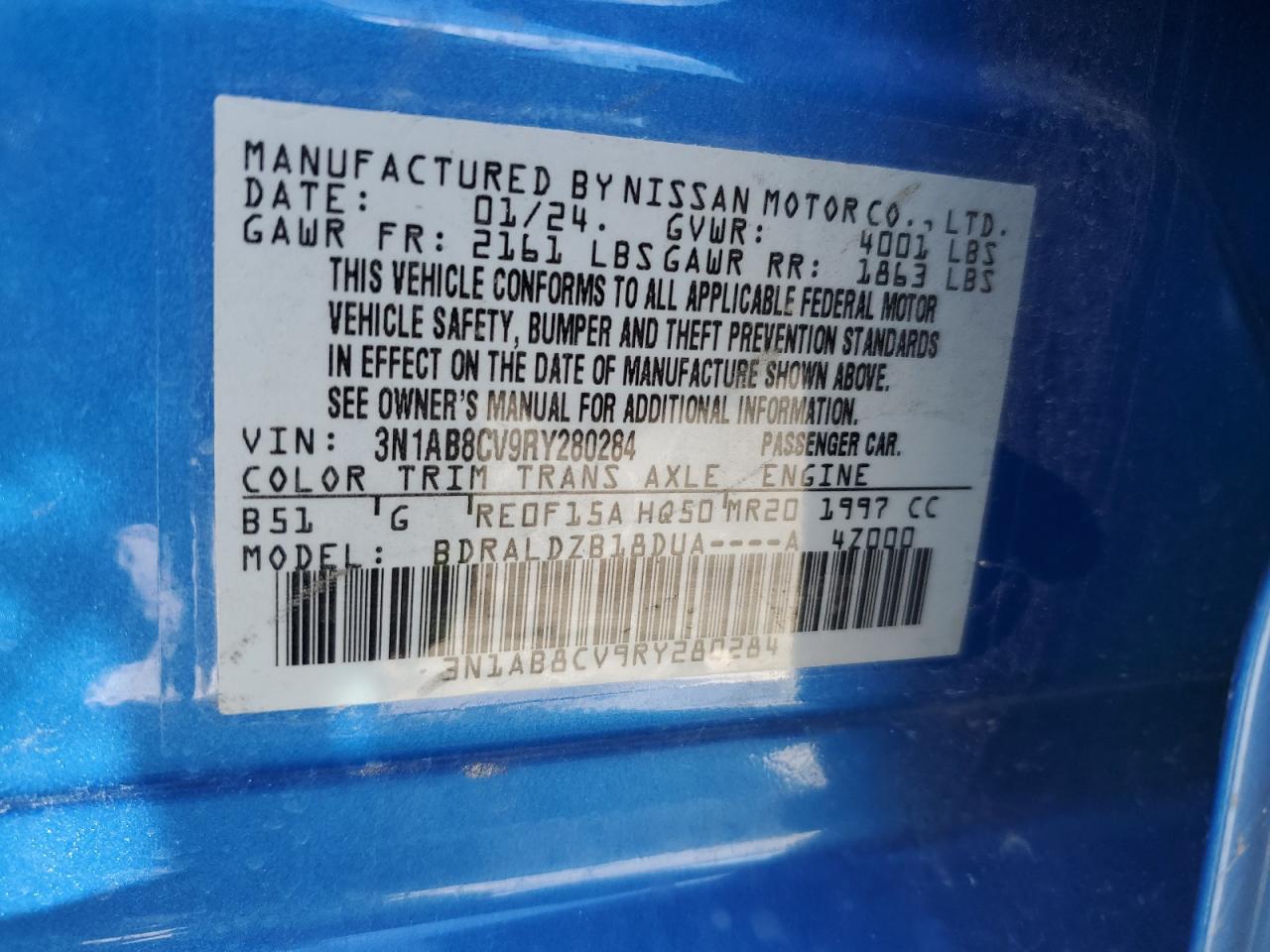 2024 NISSAN SENTRA SV VIN:3N1AB8CV9RY280284