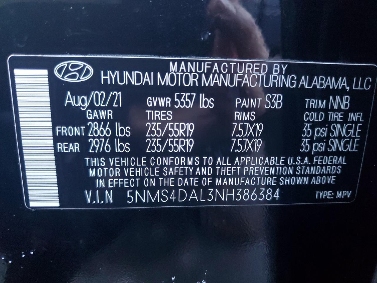 2022 HYUNDAI SANTA FE LIMITED VIN:5NMS4DAL3NH386384