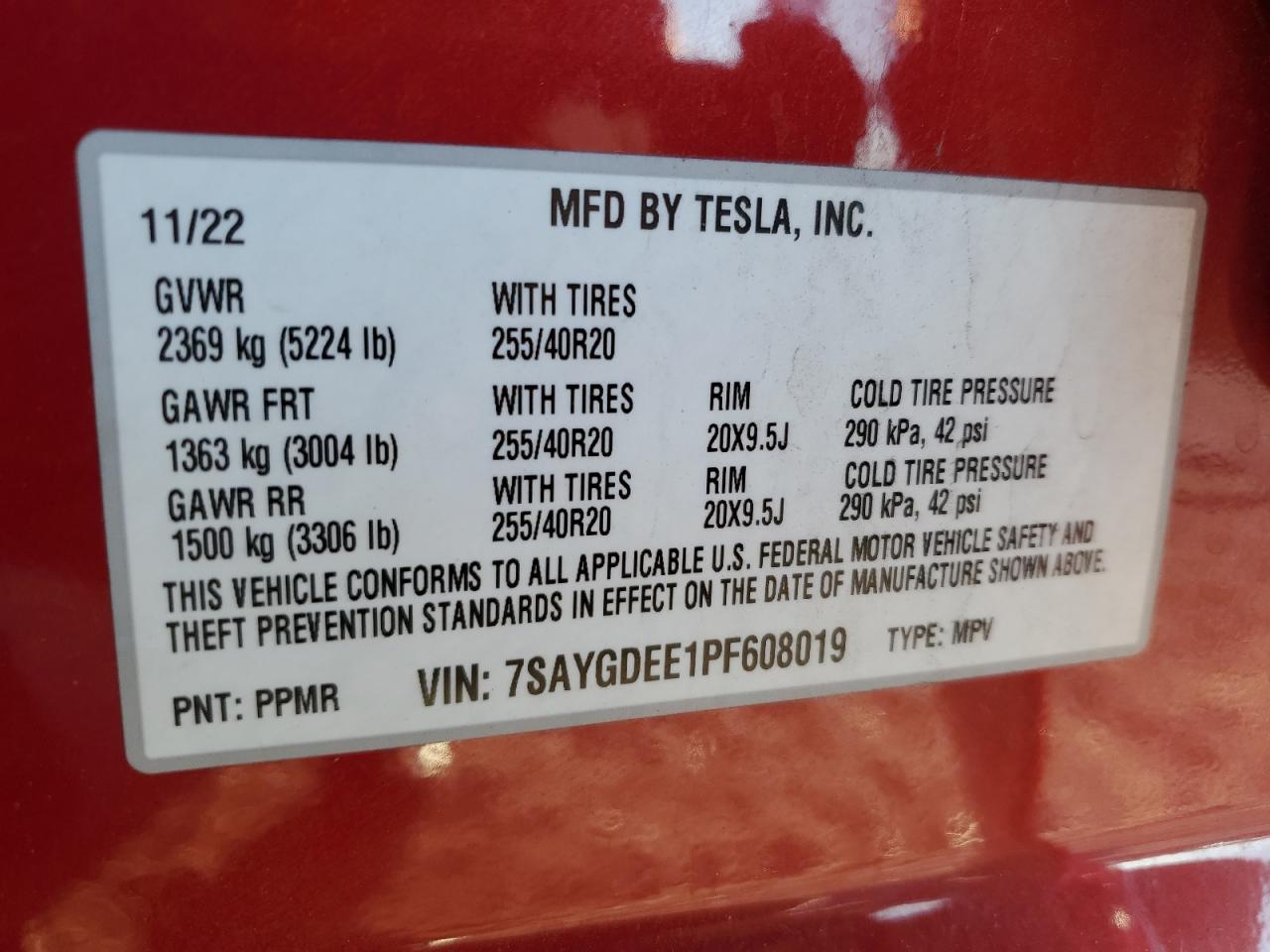 2023 TESLA MODEL Y VIN:7SAYGDEE1PF608019
