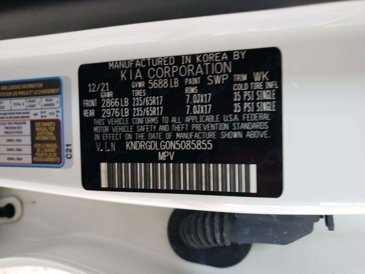 2022 KIA SORENTO S VIN:KNDRGDLG0N5085855