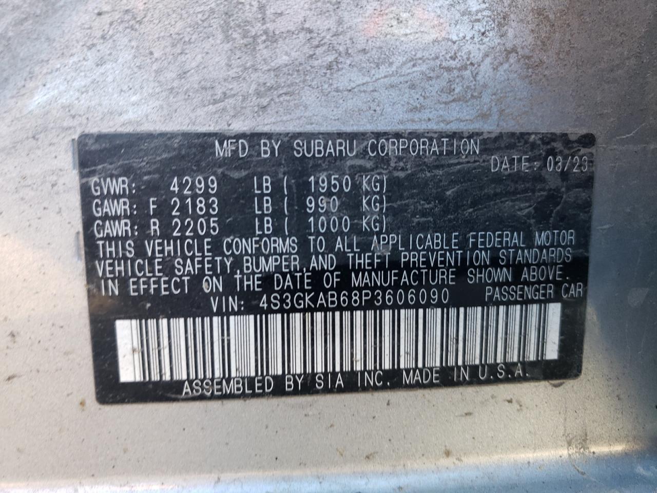 2023 SUBARU IMPREZA VIN:4S3GKAB68P3606090