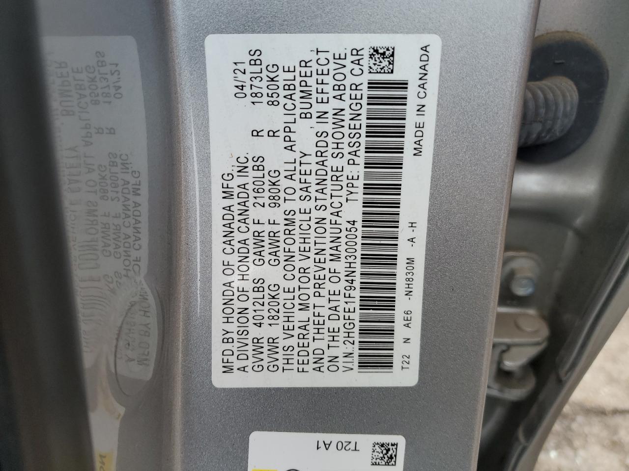 2022 HONDA CIVIC TOURING VIN:2HGFE1F94NH300054