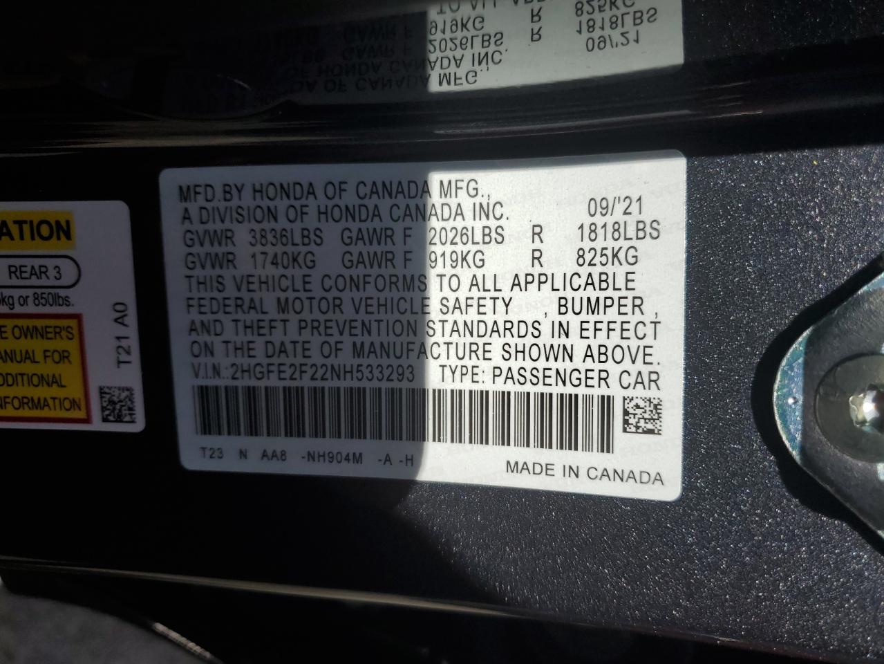 2022 HONDA CIVIC LX VIN:2HGFE2F22NH533293