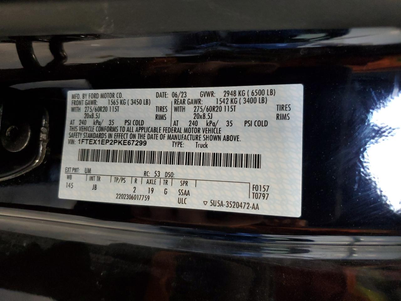 2023 FORD F150 SUPER CAB VIN:1FTEX1EP2PKE67299