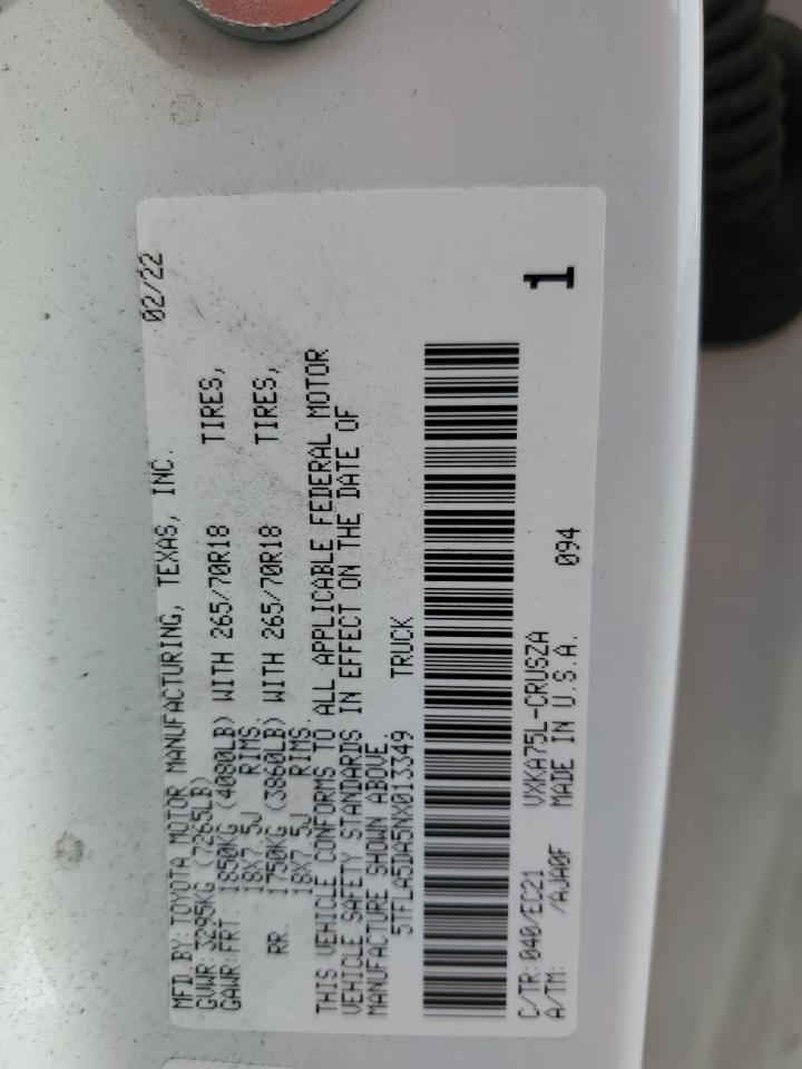 2022 TOYOTA TUNDRA DOUBLE CAB SR VIN:5TFLA5DA5NX013349