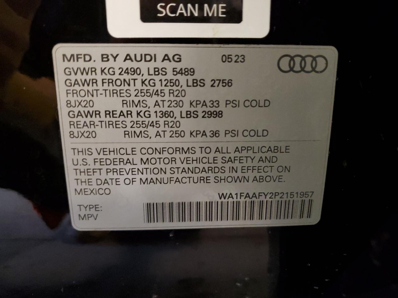 2023 AUDI Q5 PRESTIGE 45 VIN:WA1FAAFY2P2151957