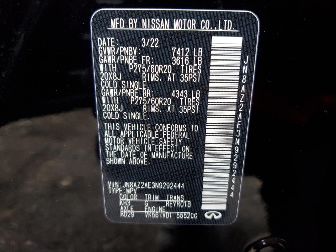 2022 INFINITI QX80 LUXE VIN:JN8AZ2AE3N9292444