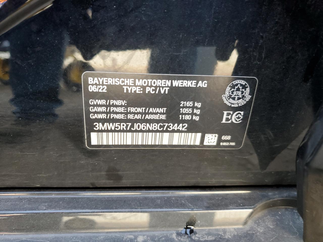 2022 BMW 330XI VIN:3MW5R7J06N8C73442