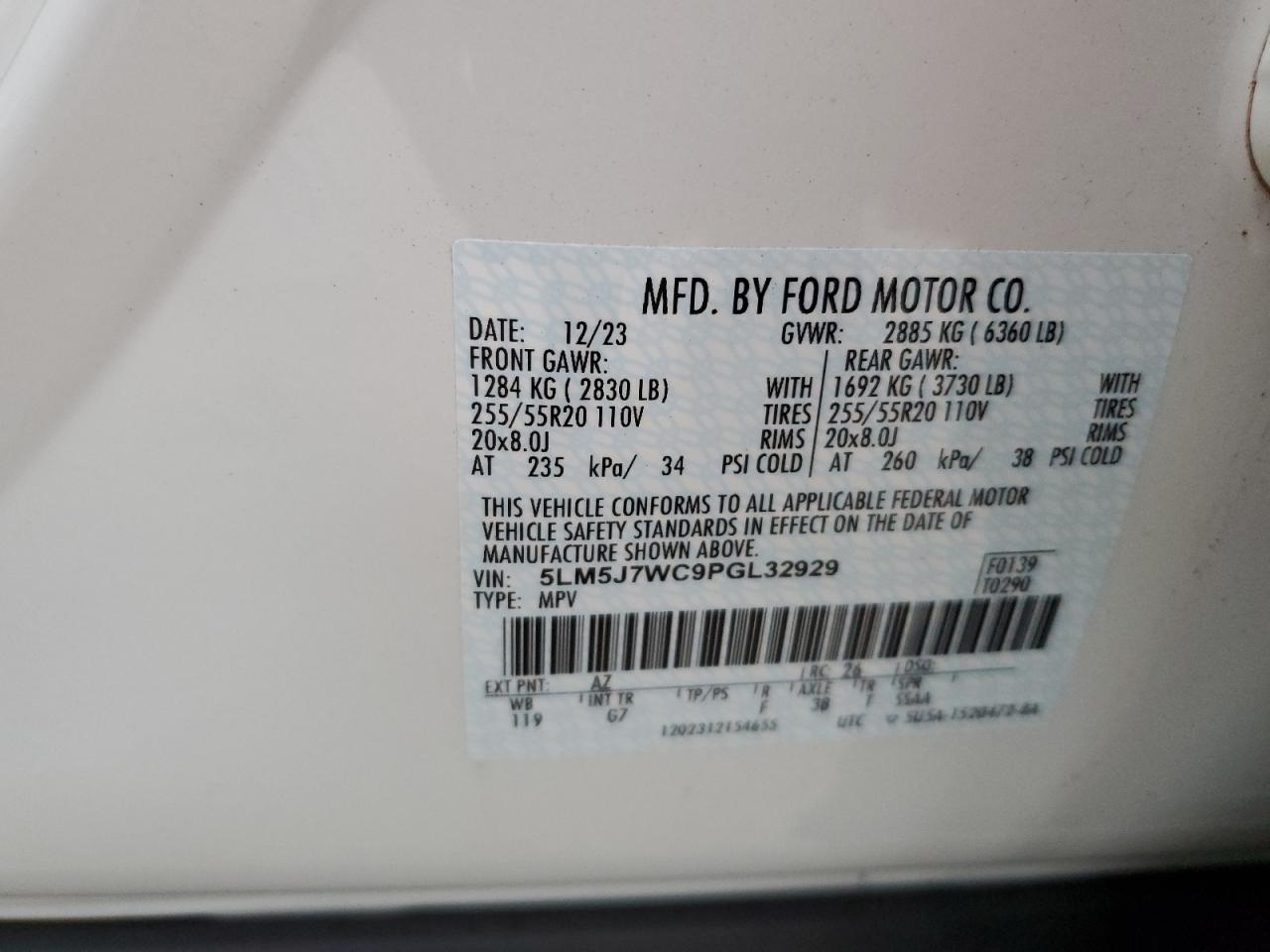 2023 LINCOLN AVIATOR RESERVE VIN:5LM5J7WC9PGL32929