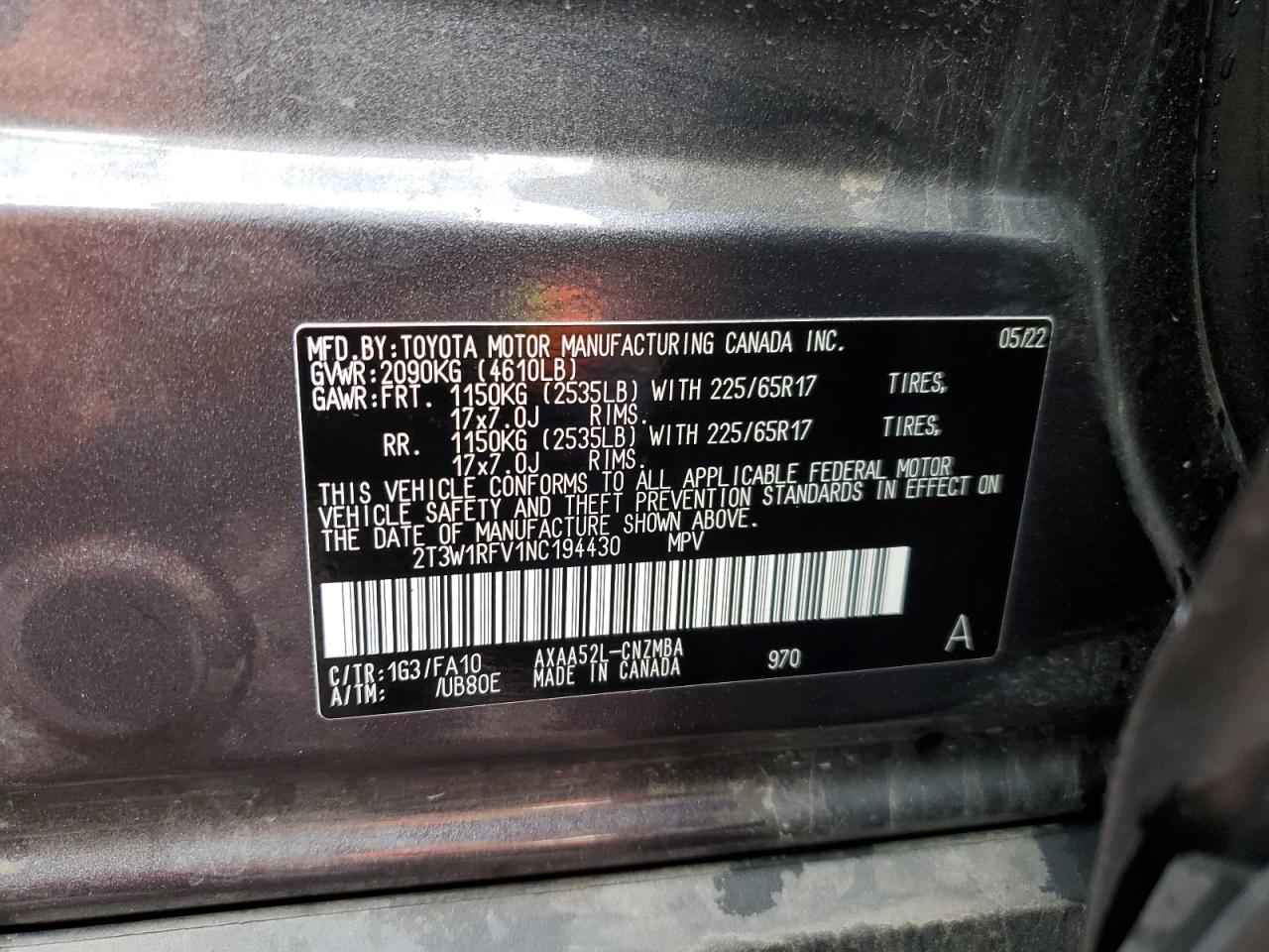 2022 TOYOTA RAV4 XLE VIN:2T3W1RFV1NC194430