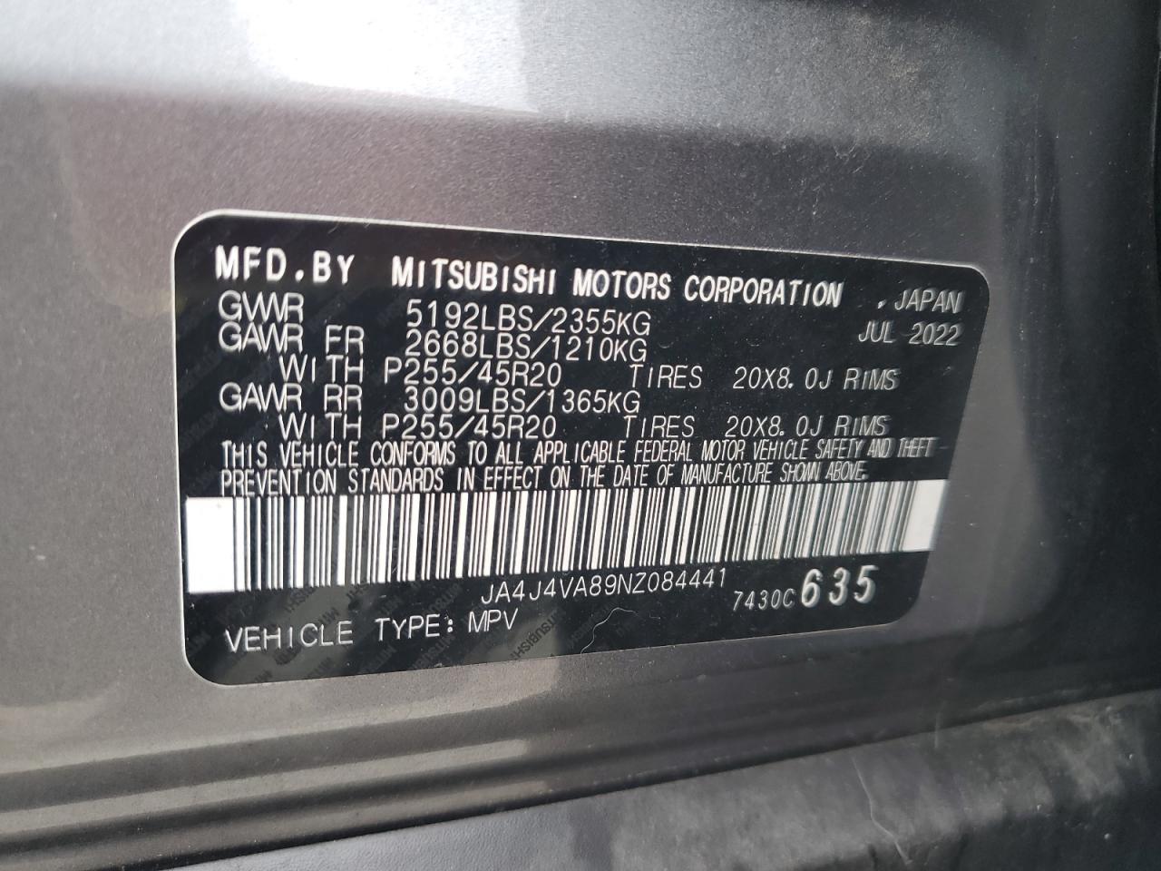 2022 MITSUBISHI OUTLANDER SEL VIN:JA4J4VA89NZ084441