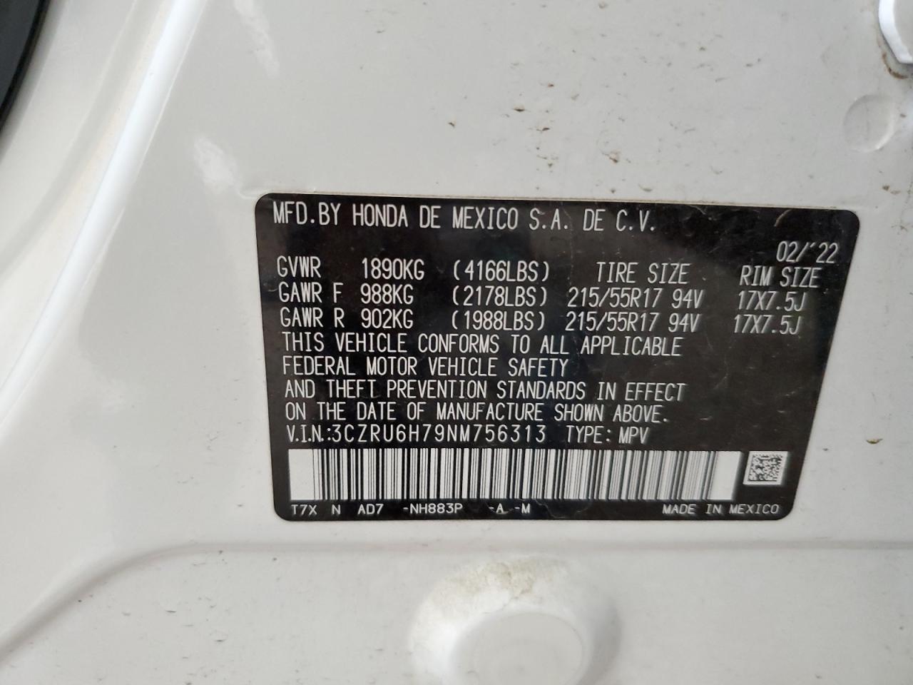2022 HONDA HR-V EXL VIN:3CZRU6H79NM756313