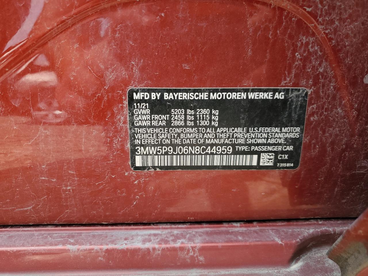 2022 BMW 330XE VIN:3MW5P9J06N8C44959