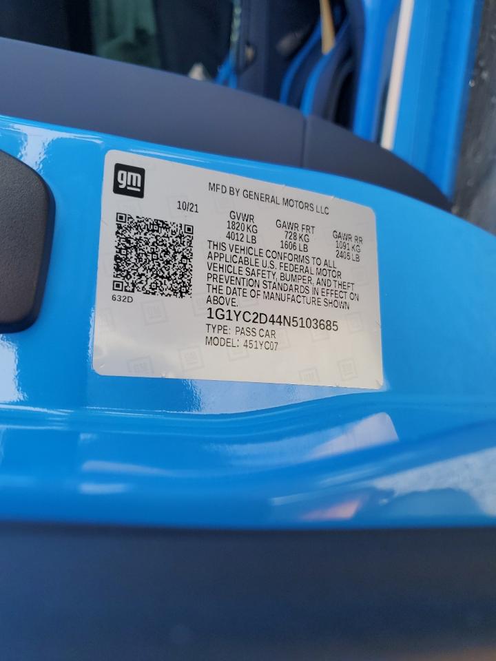 2022 CHEVROLET CORVETTE STINGRAY 3LT VIN:1G1YC2D44N5103685