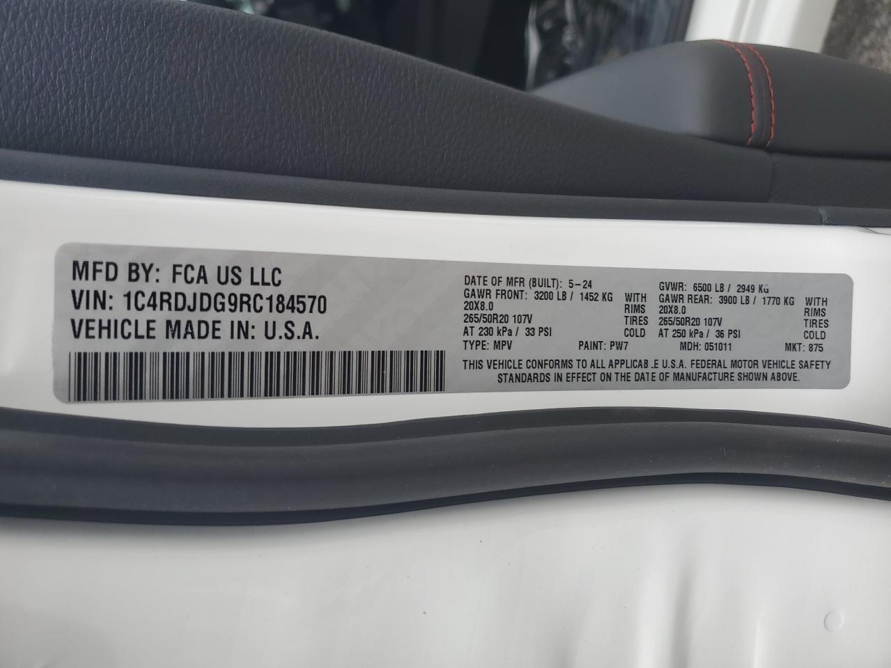 2024 DODGE DURANGO GT VIN:1C4RDJDG9RC184570