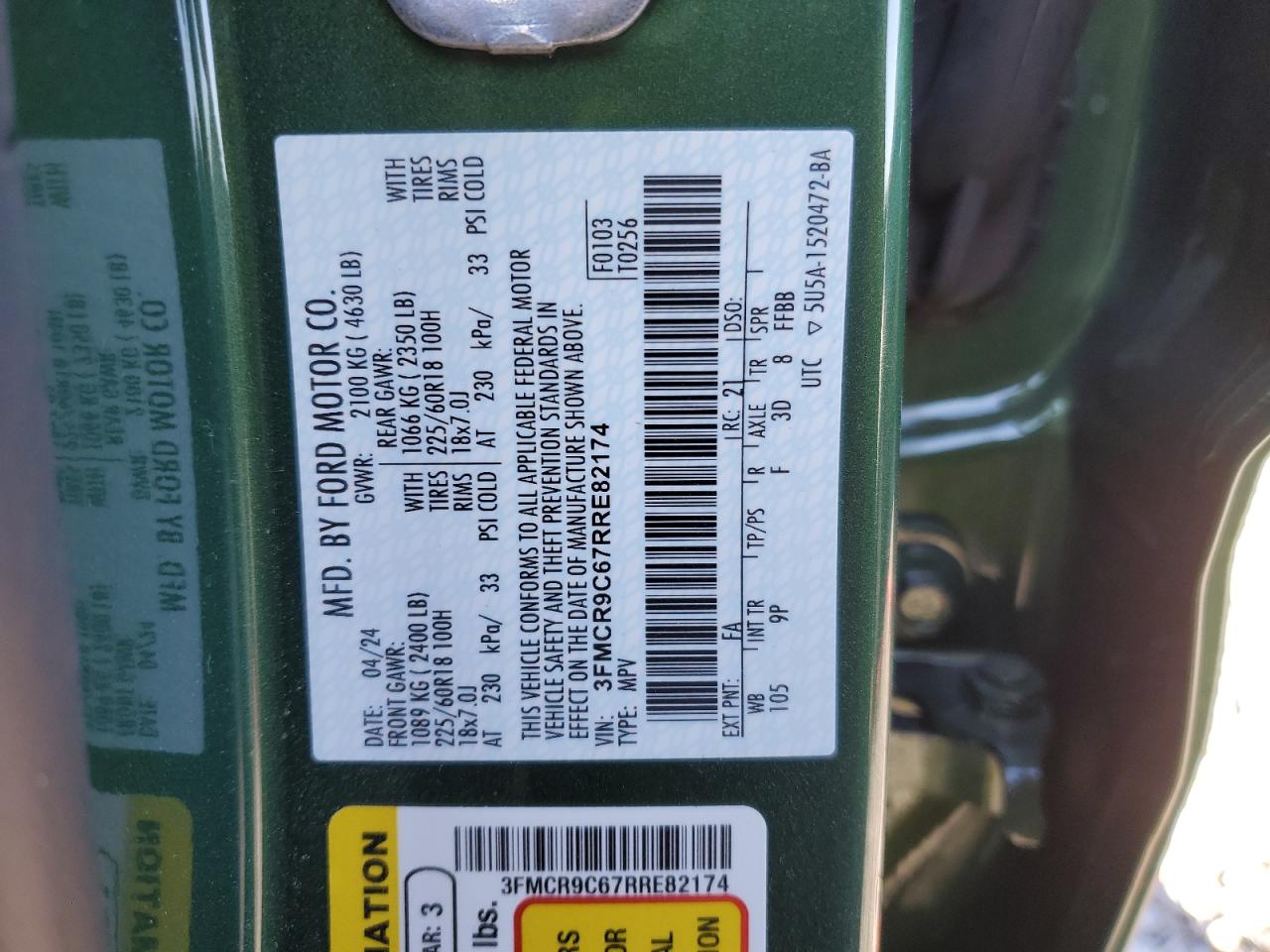 2024 FORD BRONCO SPORT OUTER BANKS VIN:3FMCR9C67RRE82174