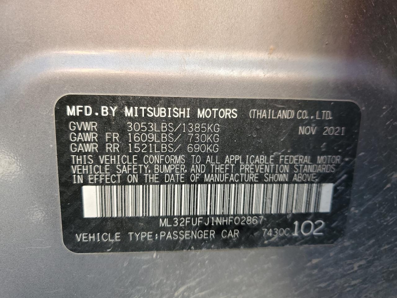 2022 MITSUBISHI MIRAGE G4 ES VIN:ML32FUFJ1NHF02867