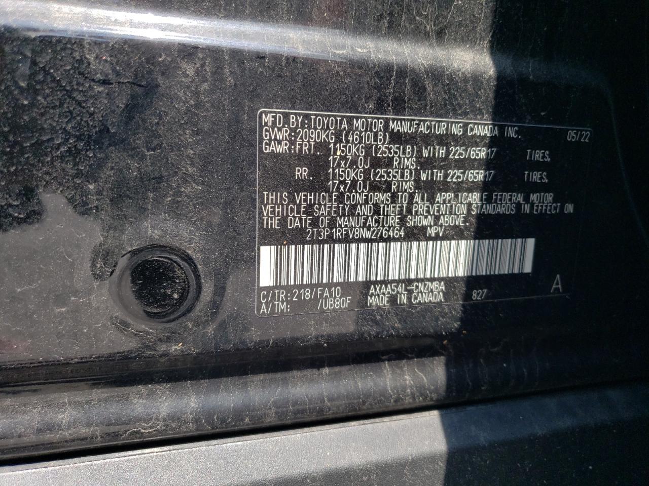 2022 TOYOTA RAV4 XLE VIN:2T3P1RFV8NW276464