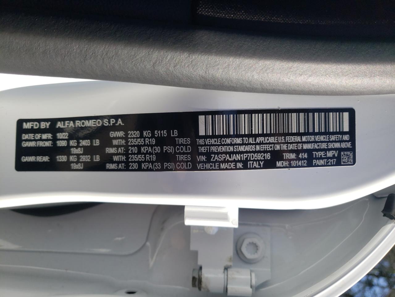 2023 ALFA ROMEO STELVIO SPRINT VIN:1FTBW1YK1NKA29828