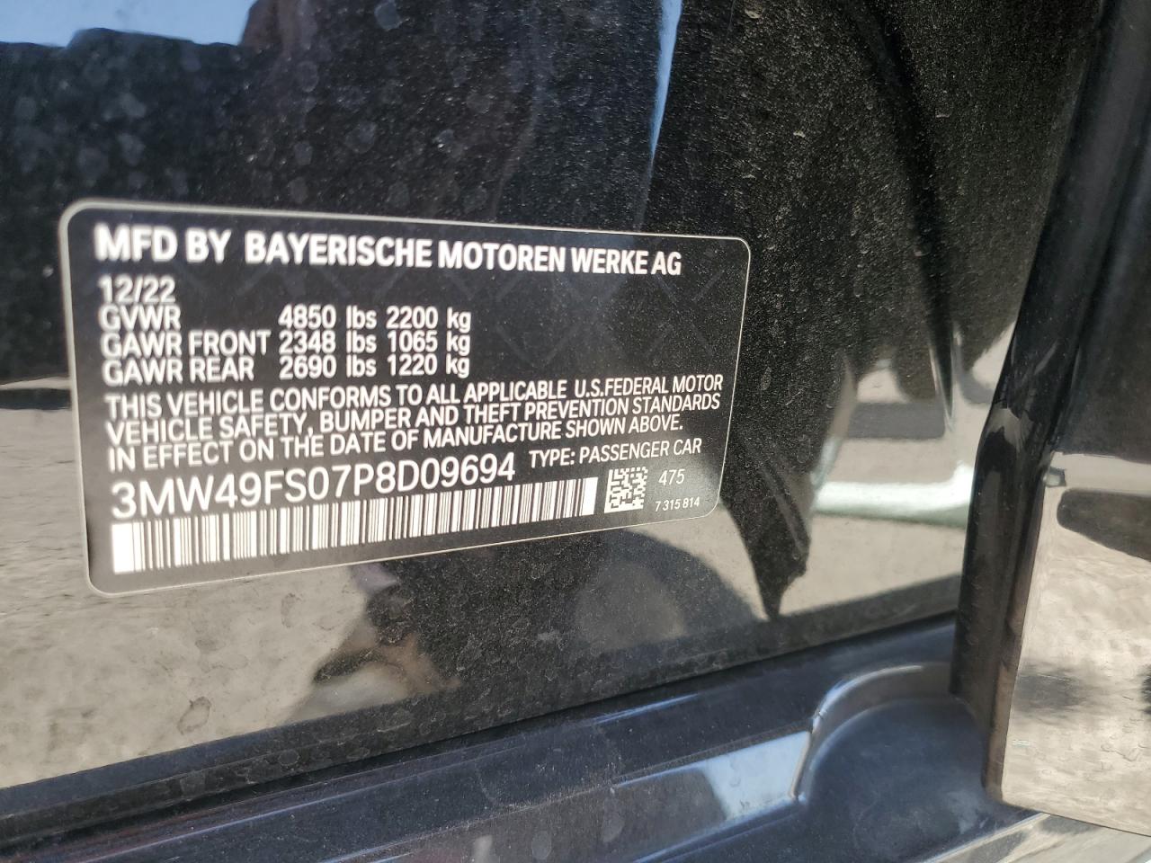 2023 BMW M340I VIN:3MW49FS07P8D09694