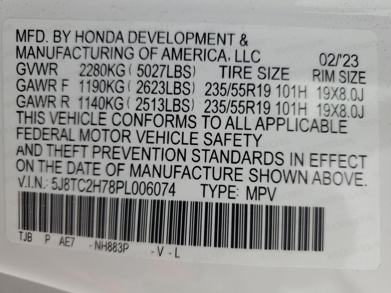 2023 ACURA RDX ADVANCE VIN:5J8TC2H78PL006074