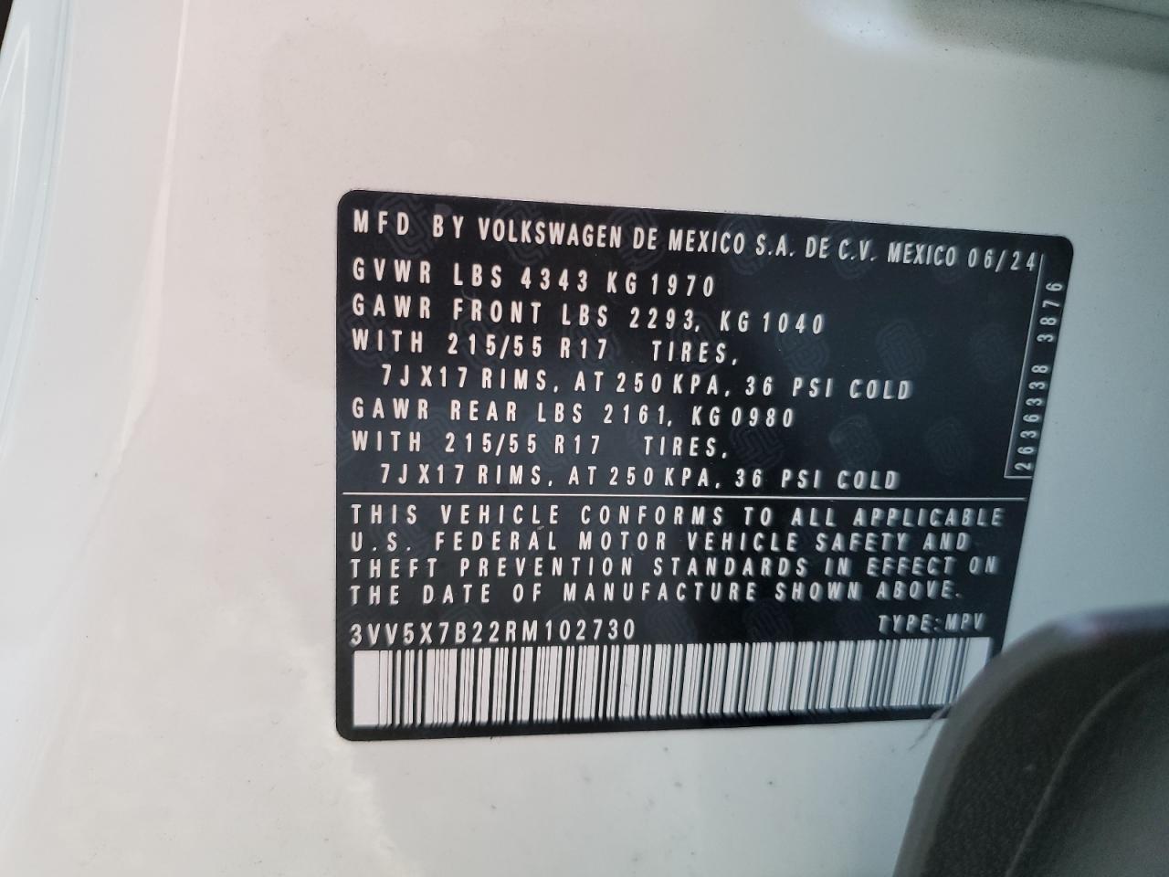 2024 VOLKSWAGEN TAOS S VIN:3VV5X7B22RM102730