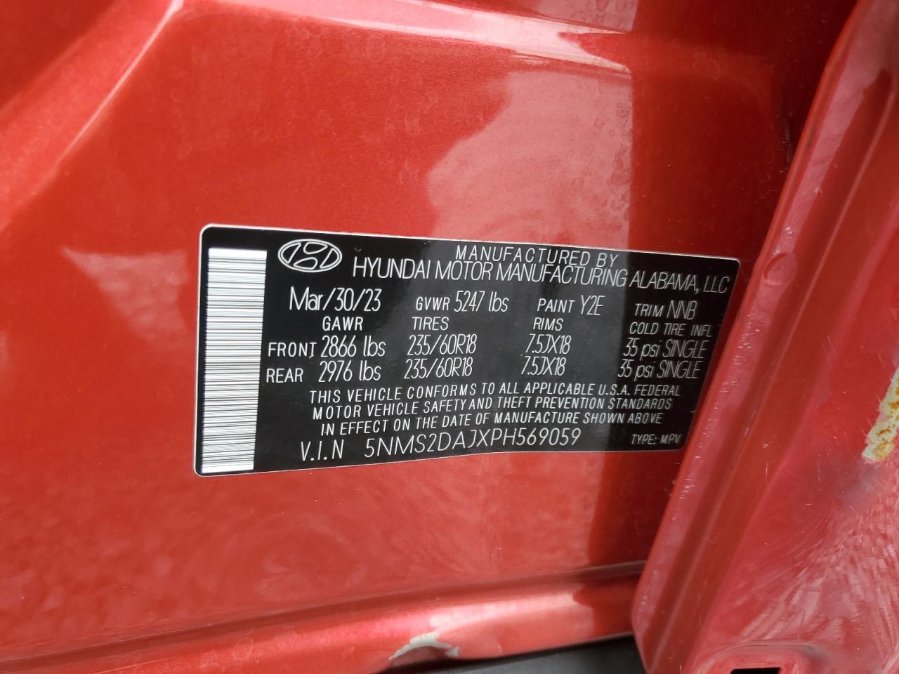 2023 HYUNDAI SANTA FE SEL VIN:5NMS2DAJXPH569059