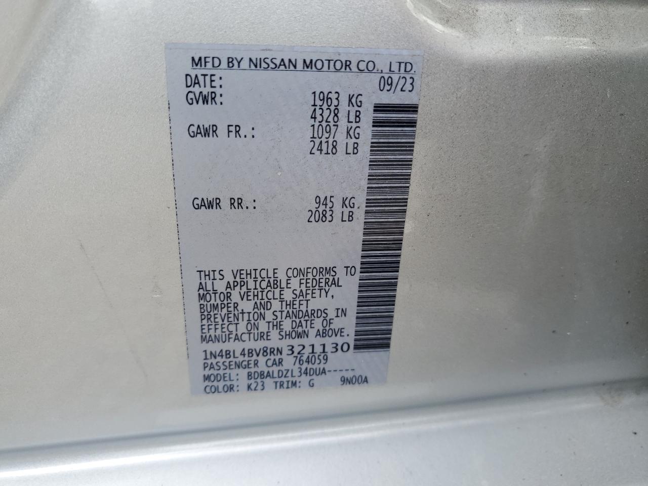 2024 NISSAN ALTIMA S VIN:1N4BL4BV8RN321130