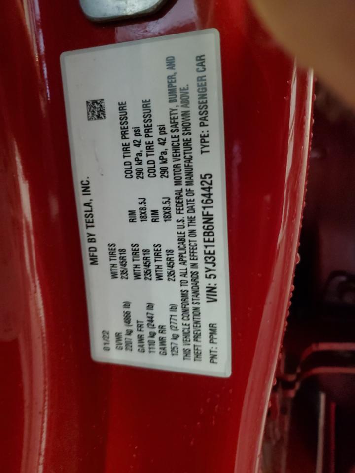 2022 TESLA MODEL 3 VIN:5YJ3E1EB6NF164425